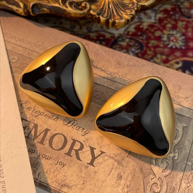 Brass Metal Circular Triangular Enamel Drop Oil Stud Earring for Women Girls Jewelry   New Retro Exaggerate