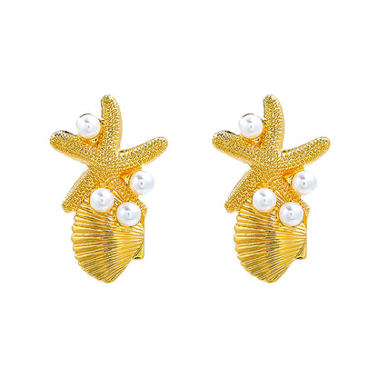 Beach Ocean Wind Sea Star Shell Earrings Alloy Inlaid Pearl Earrings for Women