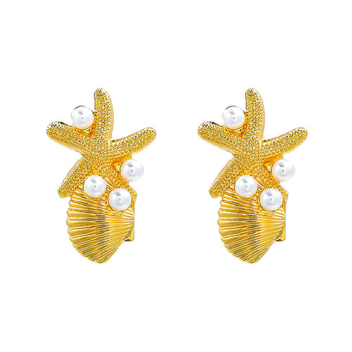 Beach Ocean Wind Sea Star Shell Earrings Alloy Inlaid Pearl Earrings for Women
