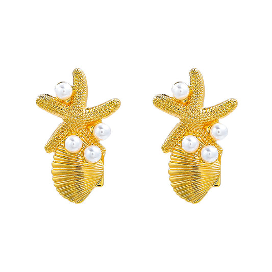 Beach Ocean Wind Sea Star Shell Earrings Alloy Inlaid Pearl Earrings for Women