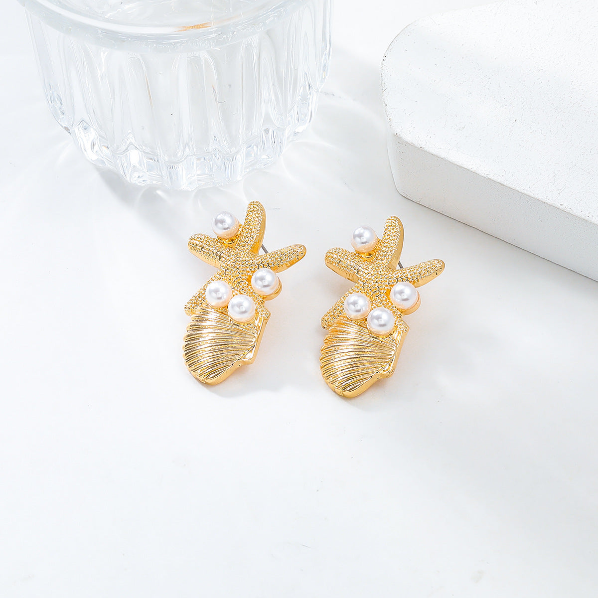 Beach Ocean Wind Sea Star Shell Earrings Alloy Inlaid Pearl Earrings for Women