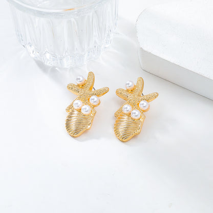 Beach Ocean Wind Sea Star Shell Earrings Alloy Inlaid Pearl Earrings for Women