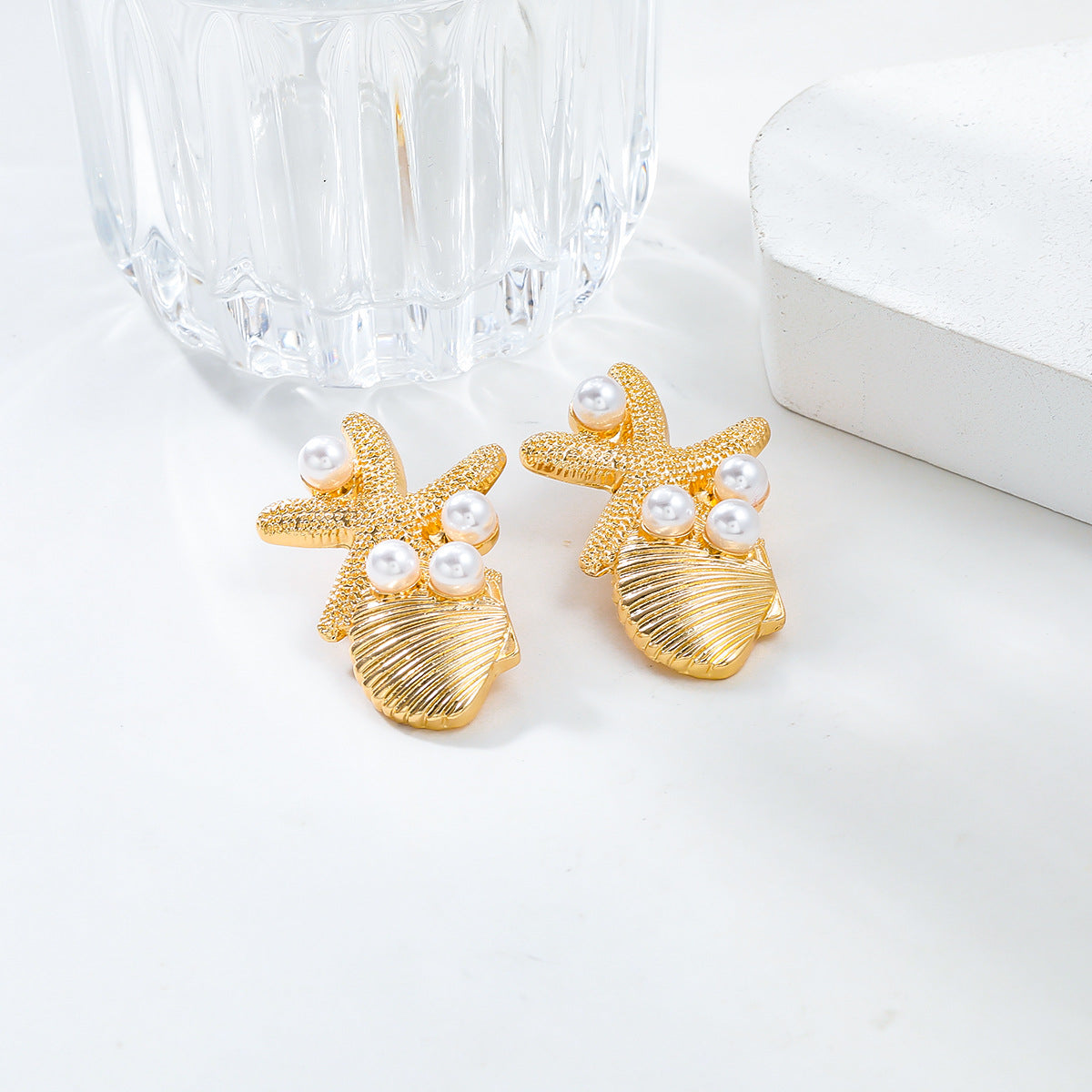 Beach Ocean Wind Sea Star Shell Earrings Alloy Inlaid Pearl Earrings for Women