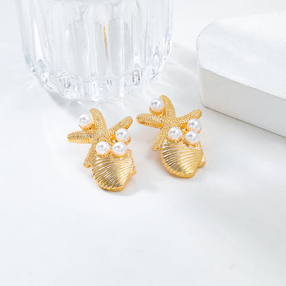 Beach Ocean Wind Sea Star Shell Earrings Alloy Inlaid Pearl Earrings for Women