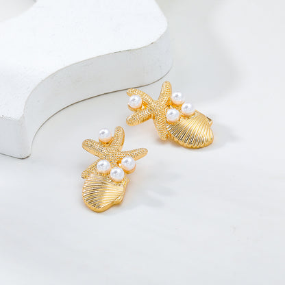 Beach Ocean Wind Sea Star Shell Earrings Alloy Inlaid Pearl Earrings for Women